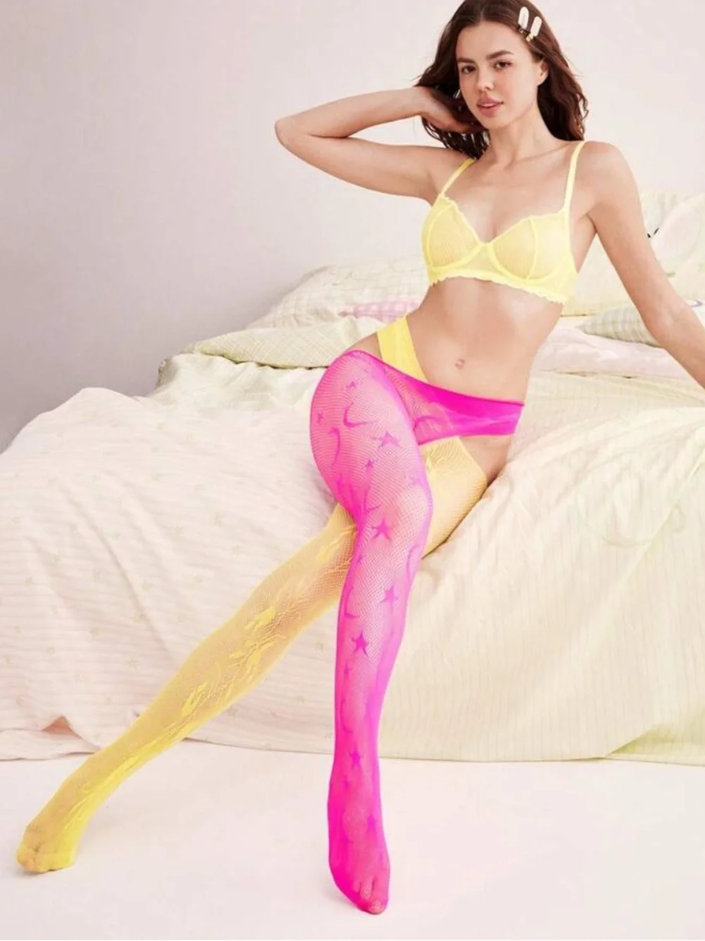 Women's Two-Tone Fishnet Tights - Pink & Yellow